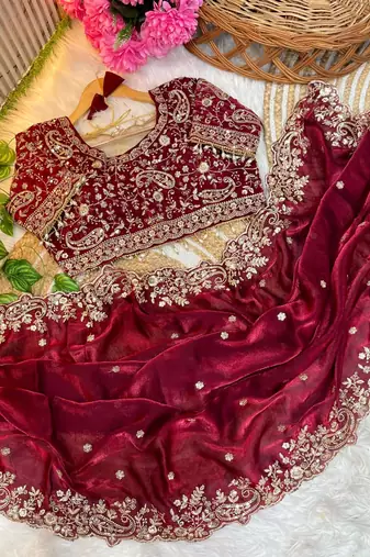 Maroon Color Embroidery sequence work heavy border Satin Saree