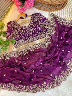 Plum Color Embroidery sequence work heavy border Satin Saree 1