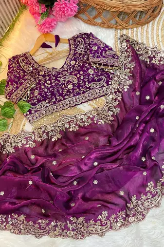 Plum Color Embroidery sequence work heavy border Satin Saree