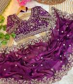 Plum Color Embroidery sequence work heavy border Satin Saree