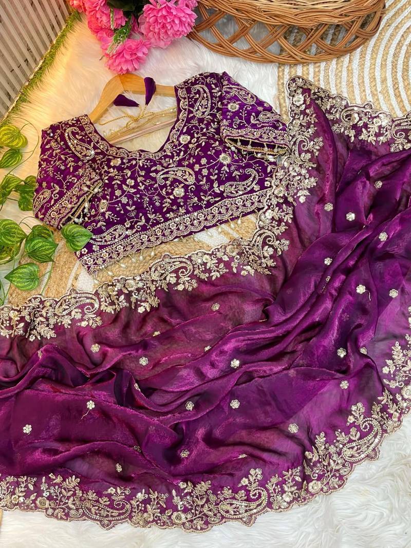 Plum Color Embroidery sequence work heavy border Satin Saree