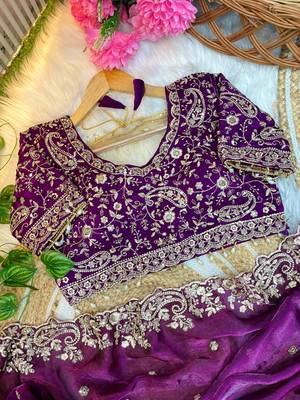 Plum Color Embroidery sequence work heavy border Satin Saree 2