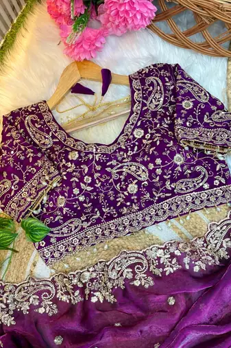 Plum Color Embroidery sequence work heavy border Satin Saree