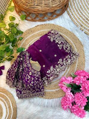 Plum Color Embroidery sequence work heavy border Satin Saree 3