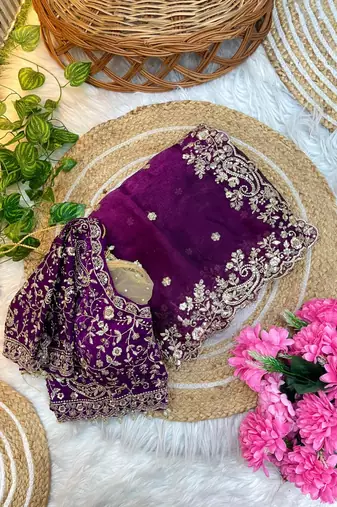 Plum Color Embroidery sequence work heavy border Satin Saree
