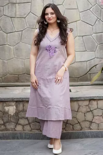 Floral embroidered pure cotton v neck kurta & trouser set