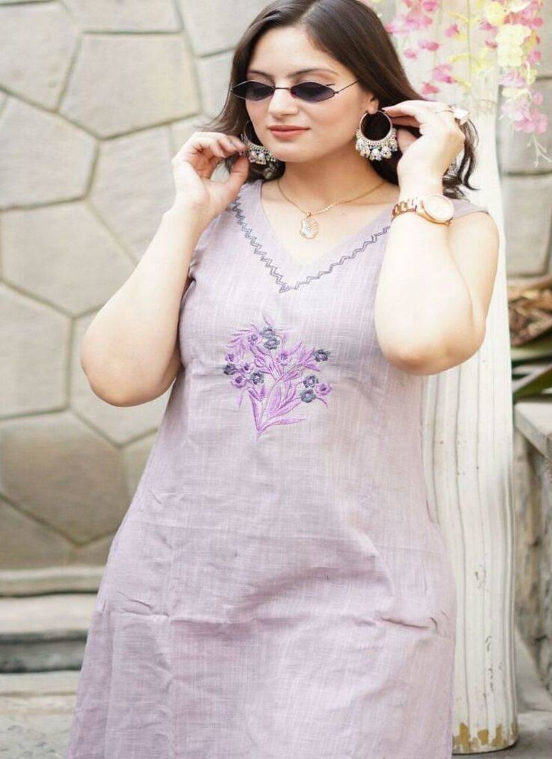 Floral embroidered pure cotton v neck kurta & trouser set