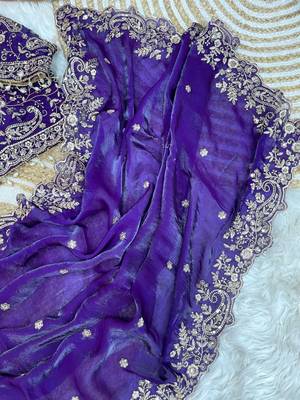 Purple Color Embroidery sequence work heavy border Satin Saree 1