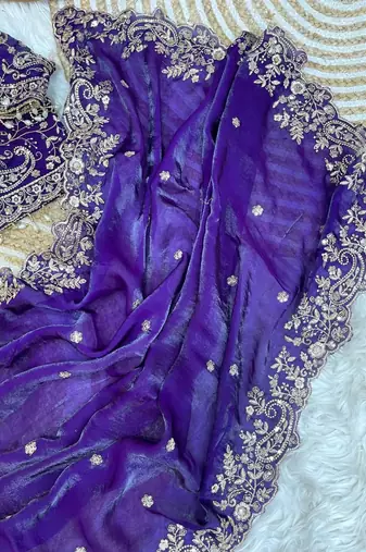 Purple Color Embroidery sequence work heavy border Satin Saree