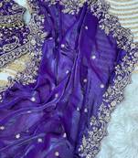 Purple Color Embroidery sequence work heavy border Satin Saree