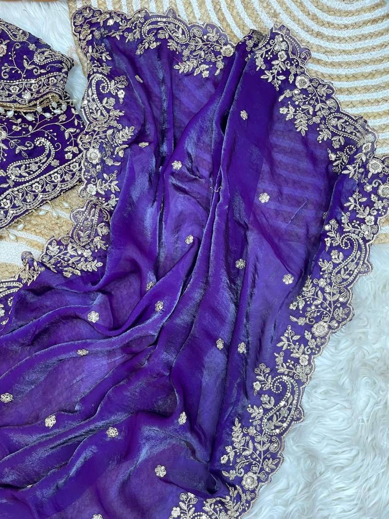 Purple Color Embroidery sequence work heavy border Satin Saree