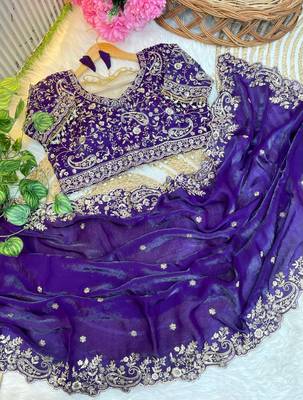 Purple Color Embroidery sequence work heavy border Satin Saree 2