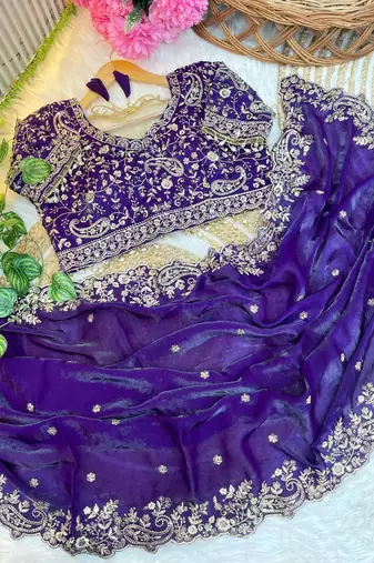 Purple Color Embroidery sequence work heavy border Satin Saree