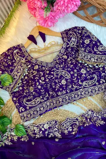 Purple Color Embroidery sequence work heavy border Satin Saree