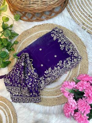 Purple Color Embroidery sequence work heavy border Satin Saree 4