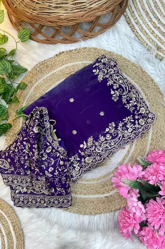 Purple Color Embroidery sequence work heavy border Satin Saree