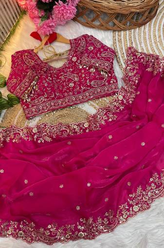 Rani Pink Color Embroidery sequence work heavy border Satin Saree