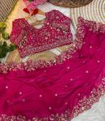 Rani Pink Color Embroidery sequence work heavy border Satin Saree