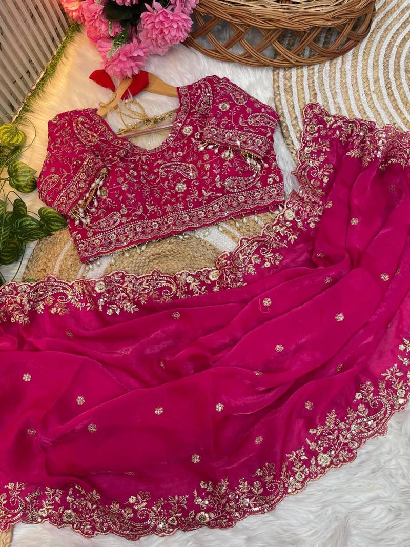 Rani Pink Color Embroidery sequence work heavy border Satin Saree