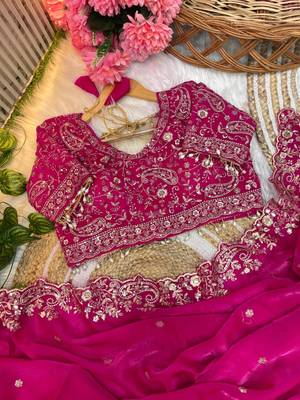Rani Pink Color Embroidery sequence work heavy border Satin Saree 2
