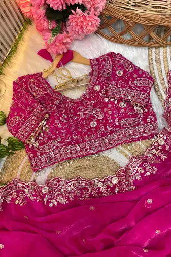 Rani Pink Color Embroidery sequence work heavy border Satin Saree