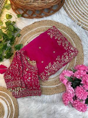 Rani Pink Color Embroidery sequence work heavy border Satin Saree 3