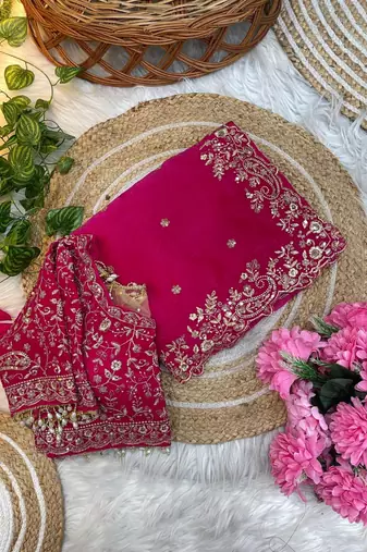 Rani Pink Color Embroidery sequence work heavy border Satin Saree