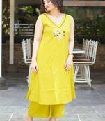 Floral embroidered pure cotton v neck kurta & trouser set