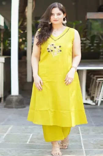 Floral embroidered  cotton v neck kurta & trouser set