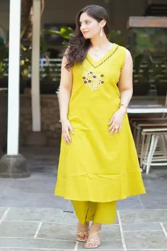 Floral embroidered  cotton v neck kurta & trouser set