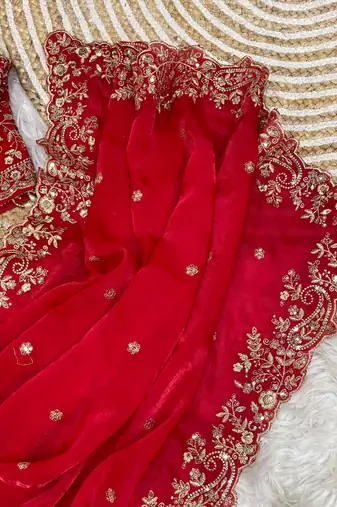 Red Color Embroidery sequence work heavy border Satin Saree