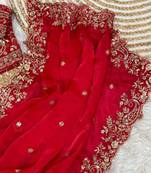 Red Color Embroidery sequence work heavy border Satin Saree