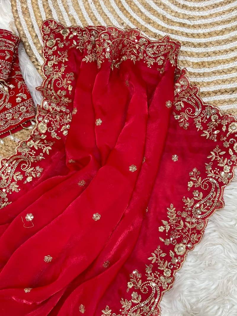 Red Color Embroidery sequence work heavy border Satin Saree