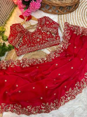 Red Color Embroidery sequence work heavy border Satin Saree 2