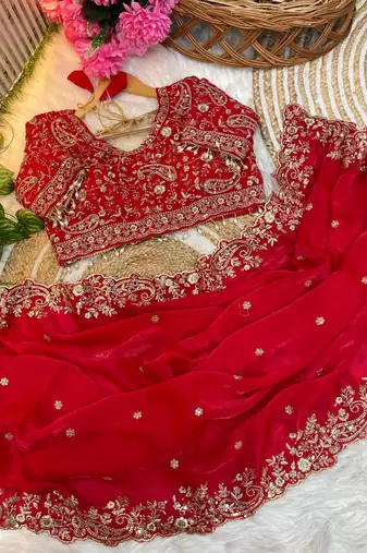 Red Color Embroidery sequence work heavy border Satin Saree