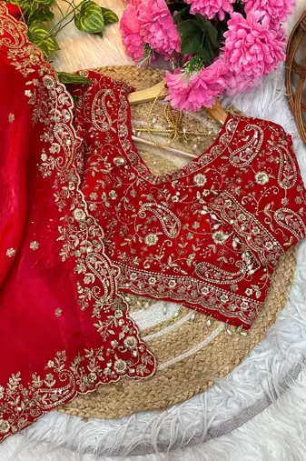 Red Color Embroidery sequence work heavy border Satin Saree