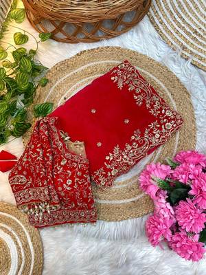 Red Color Embroidery sequence work heavy border Satin Saree 4