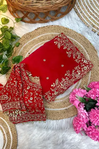 Red Color Embroidery sequence work heavy border Satin Saree