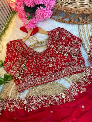 Red Color Embroidery sequence work heavy border Satin Saree 5