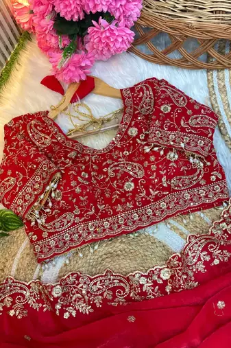 Red Color Embroidery sequence work heavy border Satin Saree