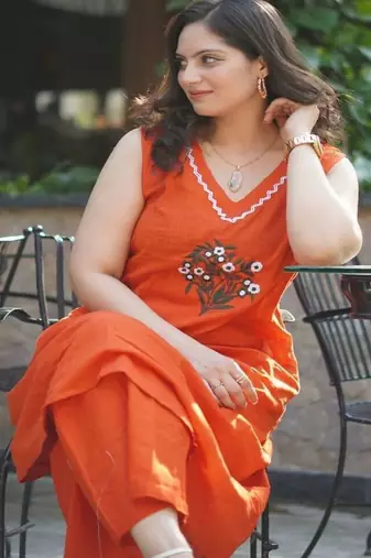 Floral embroidered  cotton v neck kurta & trouser set