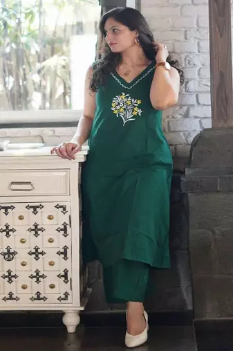 Floral embroidered pure cotton v neck kurta & trouser set