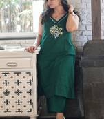 Floral embroidered pure cotton v neck kurta & trouser set