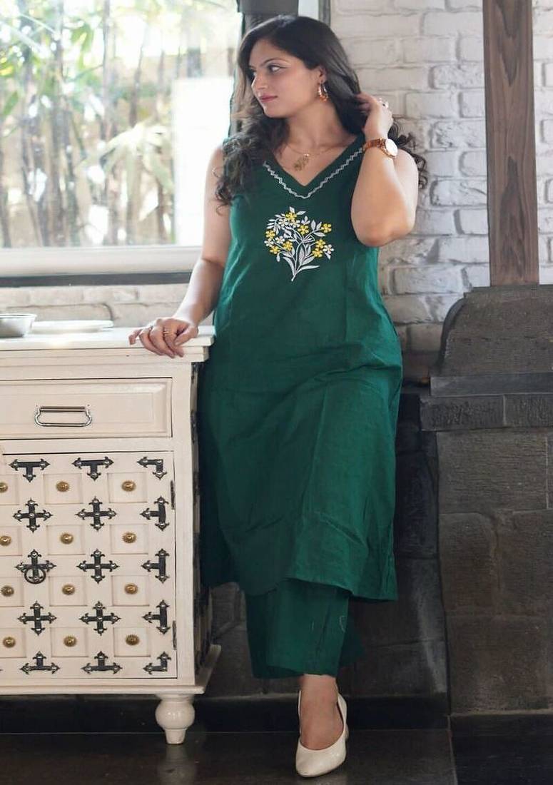 Floral embroidered pure cotton v neck kurta & trouser set