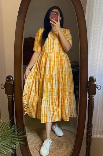Women's Rayon Printed Designer Yellow Tiered Casual & Party Wear Dress|Party Wear Casual Designer Tiered Dress For Girls