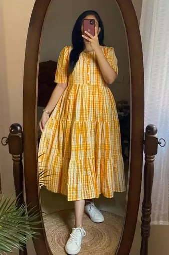 Women's Rayon Printed Designer Yellow Tiered Casual & Party Wear Dress|Party Wear Casual Designer Tiered Dress For Girls