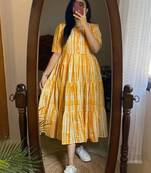 Women's Rayon Printed Designer Yellow Tiered Casual & Party Wear Dress|Party Wear Casual Designer Tiered Dress For Girls