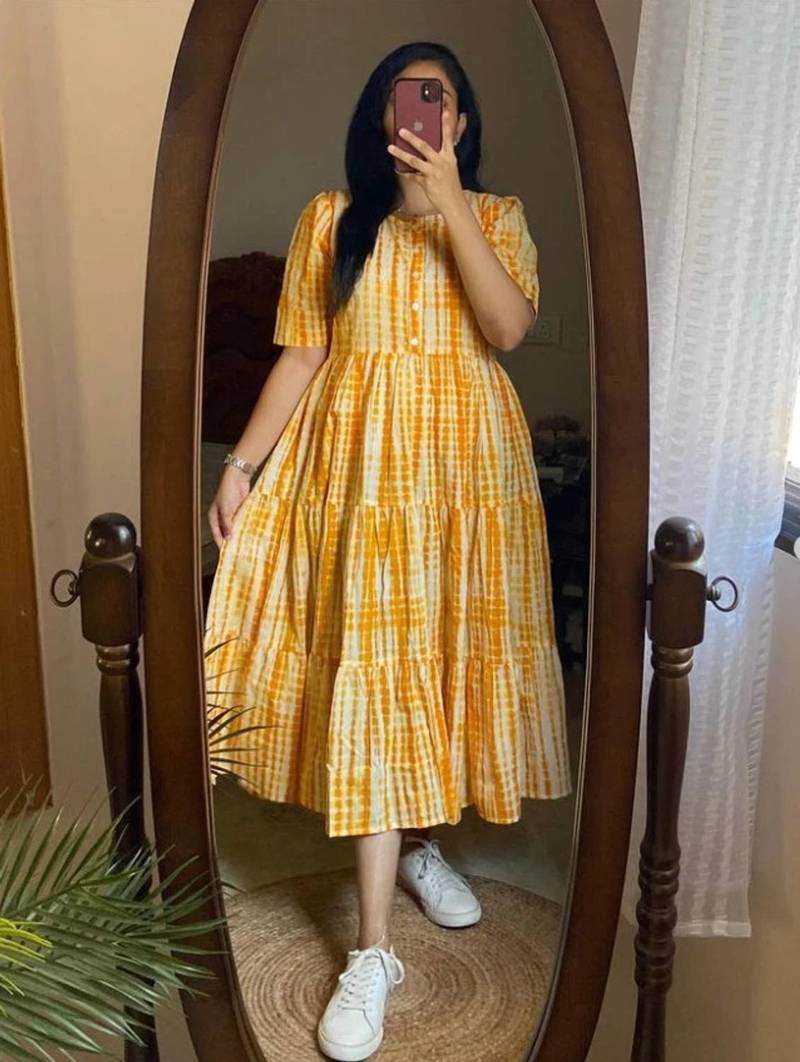 Women's Rayon Printed Designer Yellow Tiered Casual & Party Wear Dress|Party Wear Casual Designer Tiered Dress For Girls