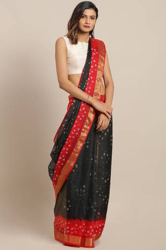 Black & Red Bandhani Kota Doria Silk Saree