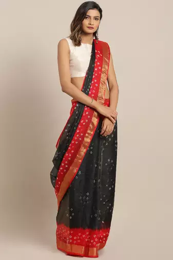 Black & Red Bandhani Kota Doria Silk Saree